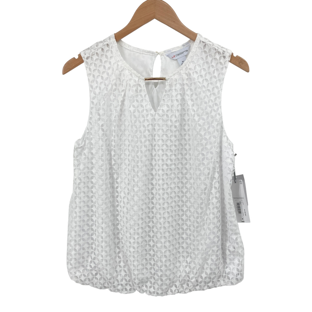 Liz Claiborne White Eyelet Lace Sleeveless Blouse Top Medium Career Office